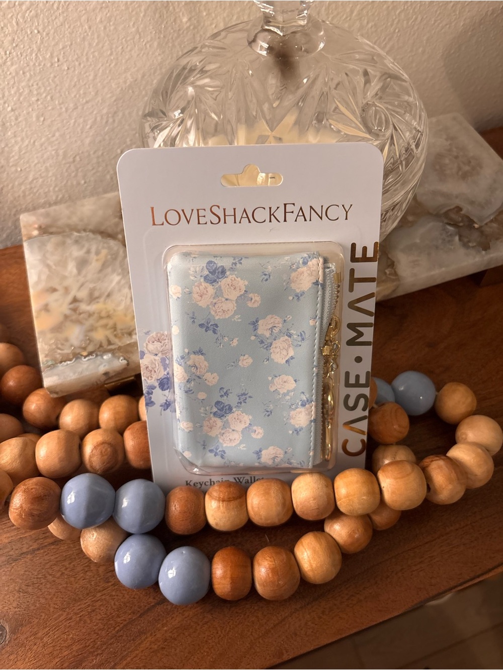LoveShackFancy Light Blue Floral Keychain Wallet with Gold Hardware